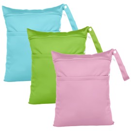 Pack of 3 Waterproof Cloth Nappies Wet Bags, Changing Bag, Wetbag, Reusable, Wet Bag, Adult Wet Dry Cloth Nappy Bag with Two Zip Pockets, Nappy Bag for Babies Nappies, Baby Blue Pink Green, wetbag
