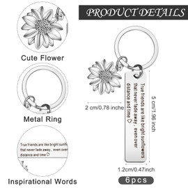Roowest 6 Pieces Friendship Keychain Sunflower Gift for Women Motivational Gift Key Rings with Inspirational Quote for Sister BFF Wedding Birthday Gifts