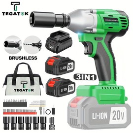 Tegatok 20V Cordless Impact Wrench, Electric Wrench,430NM, Brushless Motor,Fast Charger,  Sockets & Tool Bag, 3-in-1 Impact Wrench for Car - Specification: 800NM 2*4000mAh Battery+Fast Charger+Accessories