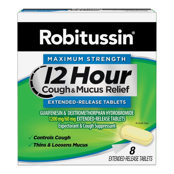 Robitussin Tablet 12 Hour Cough and Mucus Relief Extended-Release, Controls Cough, Thins and Loosens Mucus, Alcohol Free, 1 Tablet Every 12 Hours, 8 Count