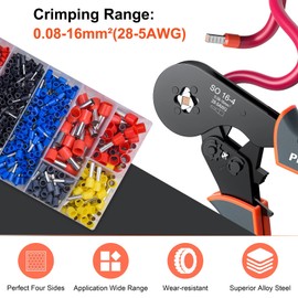 Ferrule Crimping Tool Kit, Preciva 16-4 Square Crimping Tools, Ratchet Jaw Wire Crimping Pliers AWG 28-5 (0.08-16mm²) with 1200 Terminal Connector Sleeves