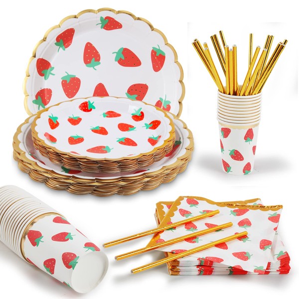 PULNDA Strawberry Disposable Tableware Set, 120 Pieces, Plastic and Paper