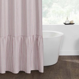Piper Classics Timeless Ticking Red Stripe Ruffled Shower Curtain, Country Farmhouse, Christmas Bathroom Décor, 72'L x 72" W