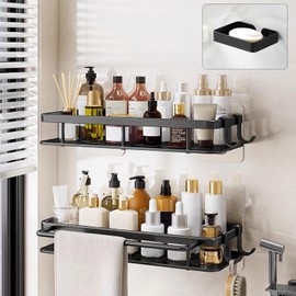 2 Adhesive Shower Caddy with 4 Hooks & 1 Soap Holder,Bathroom Shower Organizers,Hanging Shower Shelf With Large Capacity, No Drilling Black Shower Racks for Inside Shower Bathroom Storage Home Decor