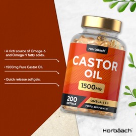 Horb?ach Castor Oil Capsules 1500mg | 200 Softgel Capsules | Digestive Health | Rich in Omega 6 & 9 | Pure Castor Oil Supplement | by Horbaach