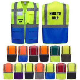 Here To Help Two Tone Zipped Hi Vis Vest High Visibility Safety Waistcoat Pockets Reflective Bands Event Staff, Event Support, 13 Colour Options Brook Hi Vis (Yellow/Navy, XLarge)