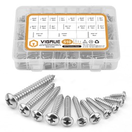 VIGRUE 510Pcs Stainless Steel Wood Screws Assortment Kit, 4#6#8#10#12 Phillips Pan Head Sheet Metal Screws Self Tapping Screws Set,Length 3/8" to 1-1/2"