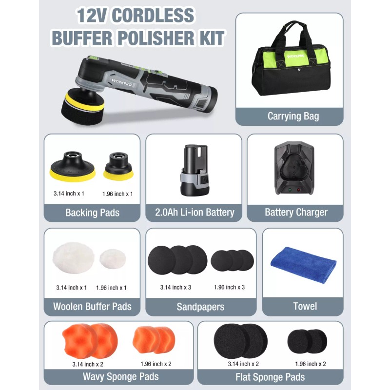 Workpro Cordless 12V Mini Buffer Polisher 5 Variable Speed Up