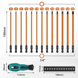 EFUTURETIME 13-Piece 150 mm 1/4 Inch Torx Long Screwdriver Bit Set, T5 T6 T7 T8 T9 T10 T15 T20 T25 T27 T30 T35 T40, Bit Set Long Magnetic with Torx Screwdriver, Torx Bit Made of S2 Steel