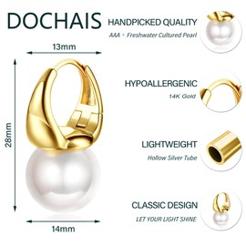 Dochais Pearl Earrings 14K Gold for Women and Women, 14 Carat White Gold Plated Stud Earrings, Hanging Pearl Earrings Hoop Earrings with Pearl 10 mm, Earrings Hypoallergenic Jewellery Gold and Silver,