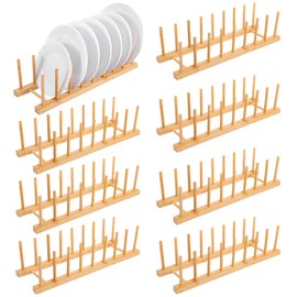 8-Slot Bamboo Wooden Plate Rack, Dish Drying Rack & Pot Lid Holder Stand, Kitchen Cabinet Organizer for Bowls, Cups, Cutting Boards