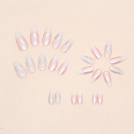 JUSTOTRY Pack of 24 Aurora Almond Nails for Sticking, Short, Press On Nails with Moon and Stars Design, Glossy Oval Fake Nails, Medium, French Fingernails, Artificial Nails for Women