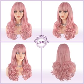 Haloo Pink Wigs with Bangs Long Wavy Layered Haircut Natural Looking Fluffy Synthetic Heat Resistant Hair Wig for Women Daily Party, 24 Inch