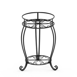 FaithLand Plant Stand, Heavy Duty Metal Planter Holder Indoor Outdoor, 2 Tier Round Potted Supports Rack, Corner Display Shelf Black