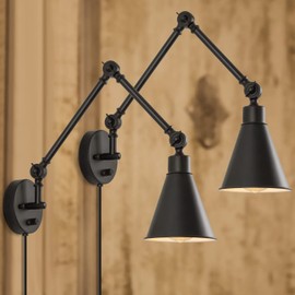 CADUKE Swing Arm Wall Lamp for Bedroom, Set of 2 Plug in Wall Light Fixture with Dimmable Switch, Industrial Metal Black Wall Reading Sconce for Living Room Farmhouse Hallway