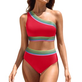 Tempt Me Women High Waisted Bikini Set - One Shoulder Two Piece Swimsuits Color Block Bathing Suits with Swimwear Bottom, Red, Large
