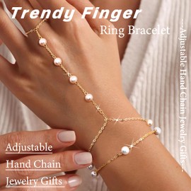 Florideco Gold Hand Chain Bracelets for Women Trendy 2 Piece Adjustable Finger Ring Bracelet Stack Dainty 14K Gold Plated CZ Layered Beaded Hand Chains Jewelry Gifts(Pearl Chain)