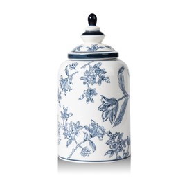 Magclay Blue and White Ginger Jar for Home Decor, Chinoiserie Vase Decor, Ceramic Decorative Jars with Lid, 10x5 Inch, Flowers and Branches