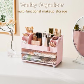 UFORU Makeup Organizer for Vanity with 2 Large Drawers, Cosmetic Display Case with Brush Holders, Easy to Storage for Bathroom Countertop Skincare, Desk Office Supplies, Pink