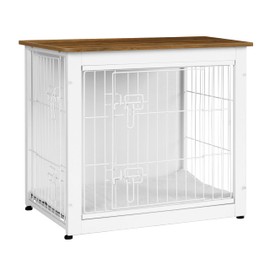 DWANTON Dog Crate Furniture with Cushion, Wooden Dog Crate with Double Doors, Dog Furniture, Dog Kennel Indoor for Small Dog，End Table, 27.2" L, White+Warm Brown