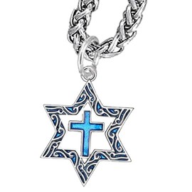 Messianic Silvertone Star Of David With Flecks Of Turquoise In The Antqiue Star, With A Turquoise Cross On A Silvertone Wheat Chain Necklace. What A Great Gift For Yourself Or Someone Special.