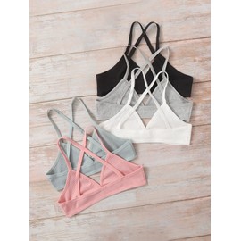 COZYEASE Women's 5 Piece Solid Ribbed Knit Criss Cross Wireless Bralettes Underwear Multicolor S