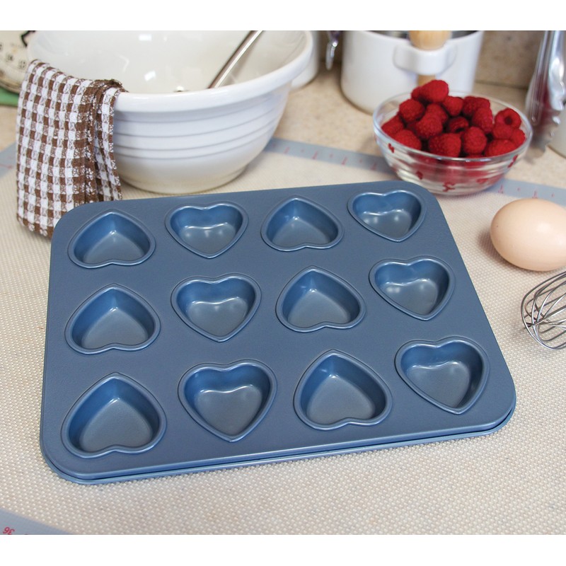 Fox Run Mini Heart Muffin Pan, 12-Cup, Preferred Non-Stick, Gray