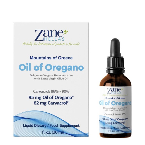 Zane Hellas 50% Oregano Oil, Pure Greek Essential Oil of Oregano .86% Carvacrol Min. 82mg Carvacrol per serving. Probably the best oregano oil in the world.3fl.oz.- 30 ml