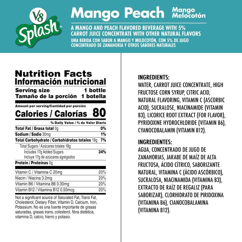 V8 Splash Mango Peach Flavored Juice Beverage, 16 fl oz
