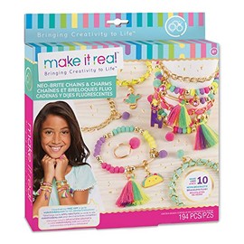 Make It Real - Cadenas y colgantes Neo-Brite. Kit para hacer pulseras con forma de cadena dorada para niñas. Kit de manualidades para crear pulseras únicas para adolescentes con cuentas de neón, colgantes de pompones únicos y cadenas doradas