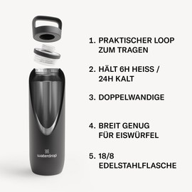 waterdrop® All-Purpose Thermos Flask, 1 Litre, Insulated Stainless Steel Drinking Bottle, Cold for 24 Hours, Hot for 12 Hours, Leakproof and Shatterproof