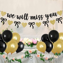 We Will Miss You Party Banner, Black Bow Gold Heart Glitter Bunting Garland Going Away Retirement Party Garland Black and Gold Balloons Colleagues Friends Farewell Goodbye Party Supplies
