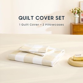 Wake In Cloud - Gingham Quilt Cover Set, Plaid Buffalo Checked Pattern Printed, 1000TC Ultra Soft Microfiber Doona Duvet Cover Bedding, 3 Pieces, Beige White, Queen Size