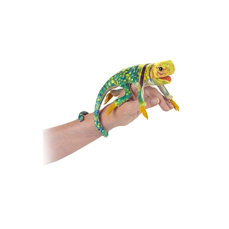 Folkmanis Mini Collared Lizard Finger Puppet, Green, Brown, Yellow, Black