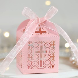 Uposao 50pcs Laser Cut Boxes Hollow Cross Favor Gift Box with Ribbons Christening Decorations Baptism Favor Boxes Chocalate Treat Box for Baby Shower Wedding