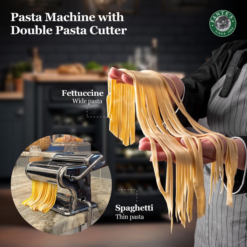 Fante’s Double Cutter Classic Pasta Maker, Hand-Crank Noodle Press with