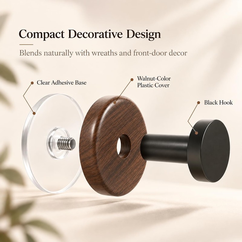 Wreath Hangers for Front Door, 3-Pack Walnut Adhesive Hooks