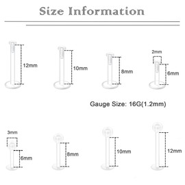 MONAZEO 32PCS 16G Clear Push Top Plastic Piercing Stud Earrings For Work Bioflex Lip Rings Labret Flat Back Helix Tragus Medusa Monroe Retainer For Women Men 6mm/8mm/10mm/12mm