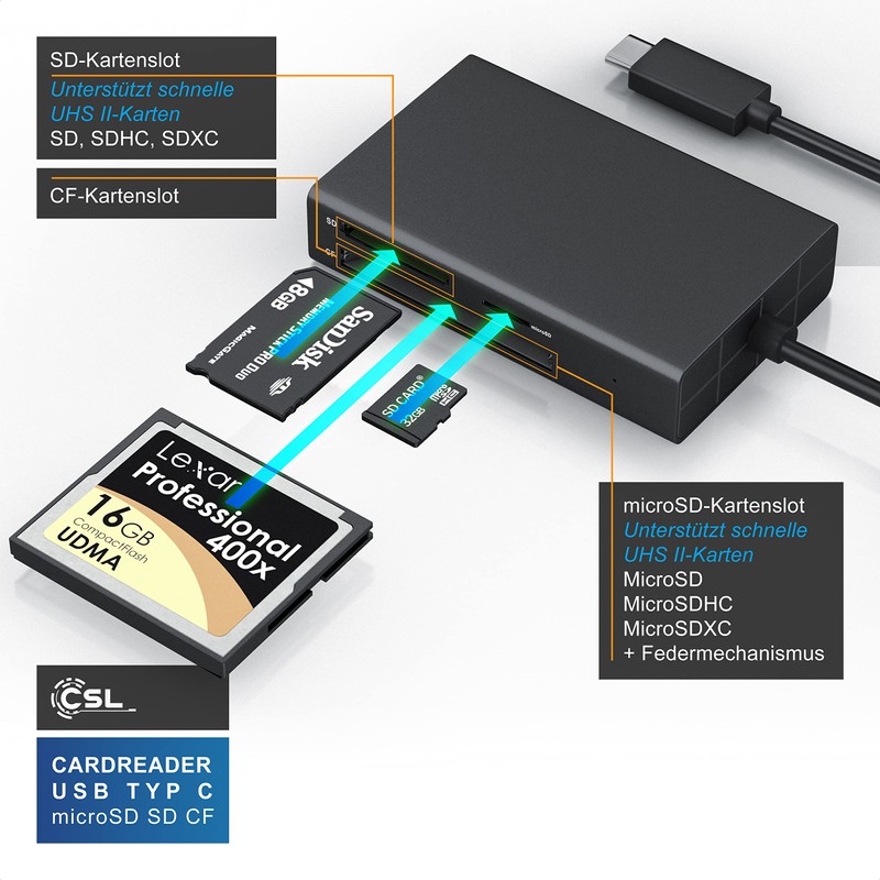 CSL - 3 in 1 USB USB-C Memory Card Reader,