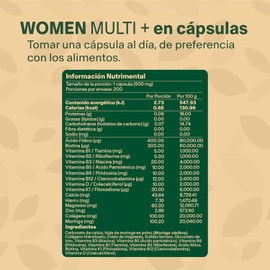Women Multivitamin + con 200 capsulas. Multivitamínico para Mujer con Colágeno Hidrolizado, Ácido Fólico, Biotina, Hierro, Calcio, Magnesio, Maca, Zinc y Vitamina D (400 IU) Complejo B VitalBotanics.
