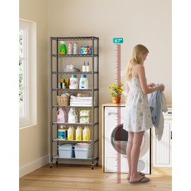 Golpart 8 Tier Shelves Storage Shelf Wire Closet Bathroom Organizers Metal Pantry Kitchen Garage Shelving Unit Laundry Room Organization Home Rack Net Basket Black with Wheels 12”D X 22”W X 74.2”H