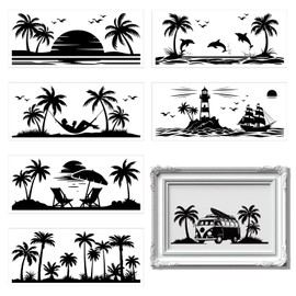 GLOBLELAND Pack of 8 Summer Beach Silhouette Preserving Jar Stickers 8.3 x 3.6 Inch Coconut Trees Waterproof Transparent PVC Silhouette Plastic Wall Sticker for Walls Windows Glass DIY