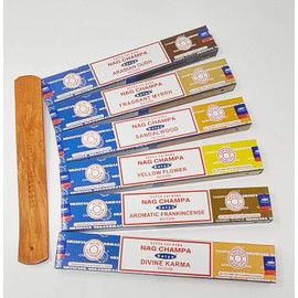 Satya Nag Champa Combo Incense Sticks Mix Deal - Aromatic Frankincense, Divine Karma, Scented Myrrh, Palo Santo, Arabic Oudh, Yellow Flower with JR Incense Holder SNC8