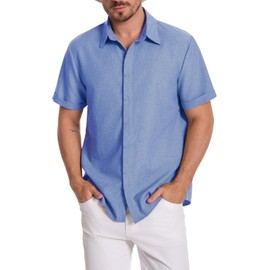 SOMTHRON Men's Linen Shirts Casual Short Sleeve Button Down Beach Summer Vacation Holiday Wedding Tops BE-M Blue