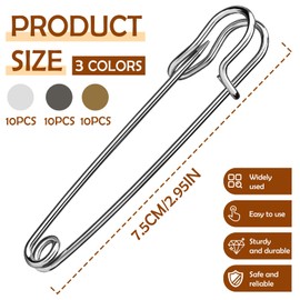 BUOKKON 30Pcs 3" Large Safety Pins, Three Colors Heavy Duty Safety Pins