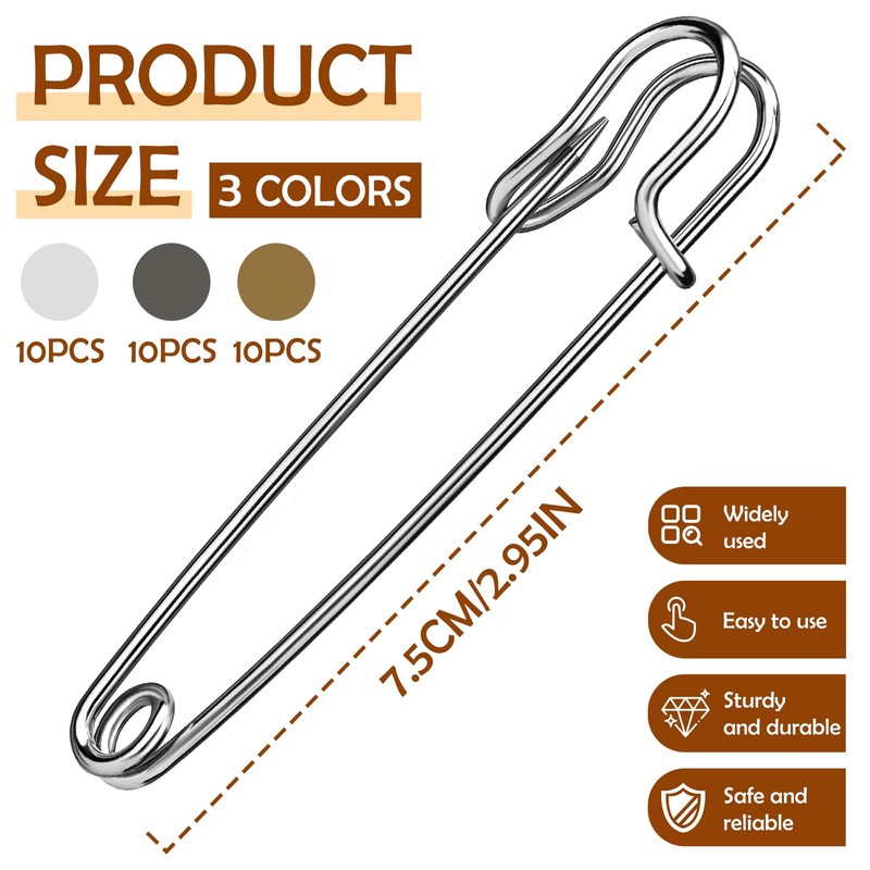 BUOKKON 30Pcs 3" Large Safety Pins, Three Colors Heavy Duty