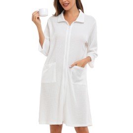 Lovasy Women's Zip Robes Waffle Dressing Gowns for Women UK 3/4 Sleeve Bathrobe Summer Ladies Dressing Gowns Lightweight Knee Length Housecoat with Pockets,White,M