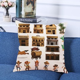 Ofocam Throw Pillow Cover White West of Cowboys and Buildings Wild Saloon Decorative Throw Pillow Cushion Case for Home Decor 18 x 18 Inches