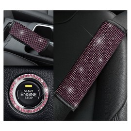 Gasedin 4 PCS Bling Seat Belt Shoulder Pads, Rhinestones Car Seat Belt Cover with Handbrake Cover Start Button Ring, Sparkling Seatbelt Shoulder Pad for Most Cars, Car Accessories (Pink)