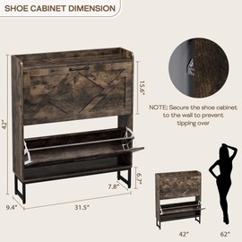 Nicetree Shoe Cabinet Storage for Entryway, Shoe Cabinet with 2 Flip Drawers, Narrow Farmhouse Shoe Rack Cabinet,Shoe Organizer for Entryway, Hallway, Toasted Brown